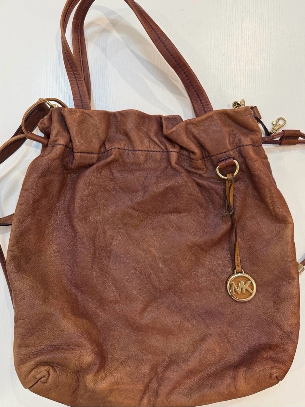 Michael Kors Brown Y2K style Drawstring Leather Tote Bag